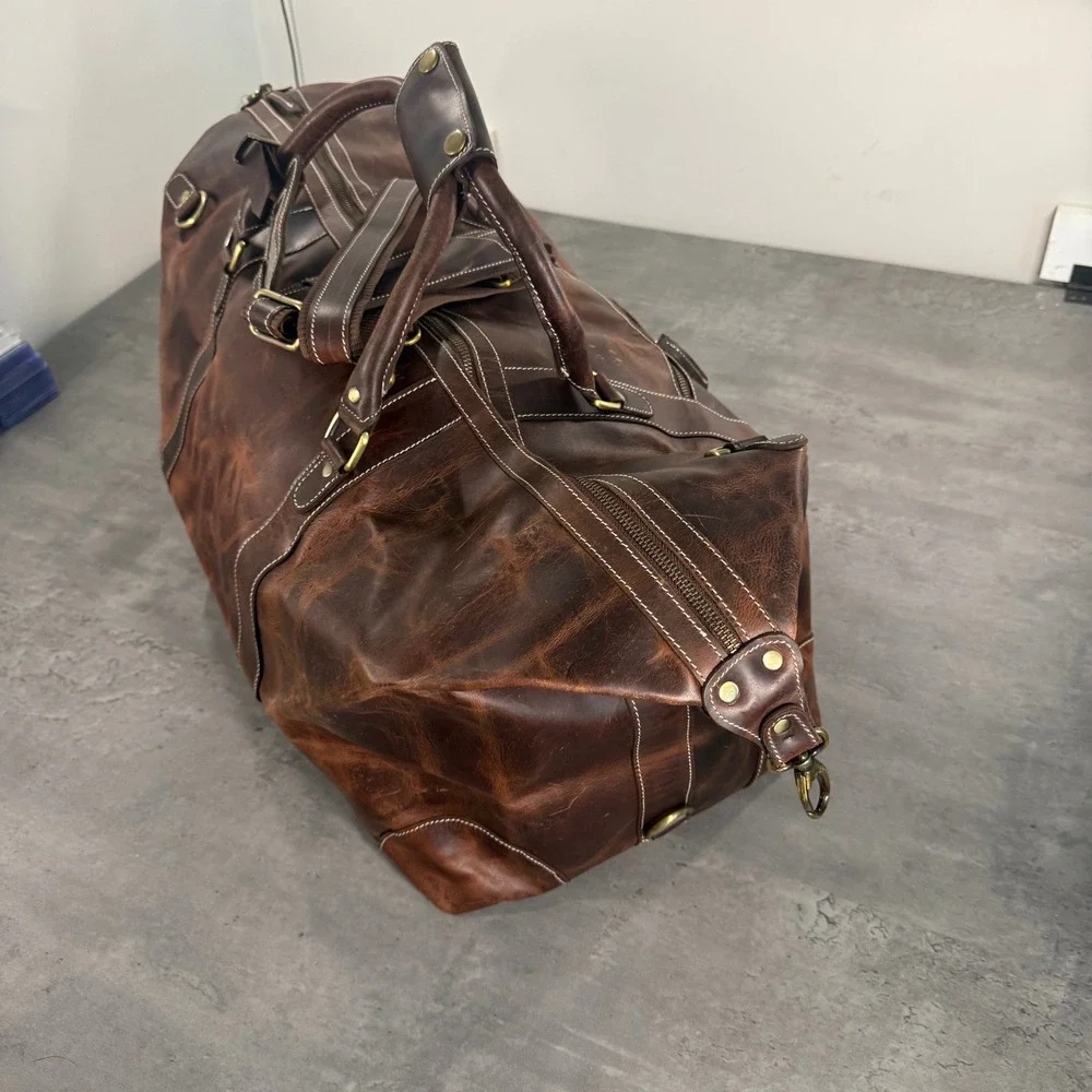 Denver Leather Craft Duffel Bag Mens Brown Distressed Weekender Travel Luggage